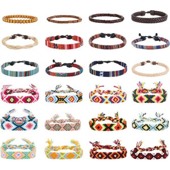 24pcs Men Women Linen Hemp Cords Wood Beads Ethnic Tribal Bracelets Leather Wristbands Friendship Bracelet For Men Women